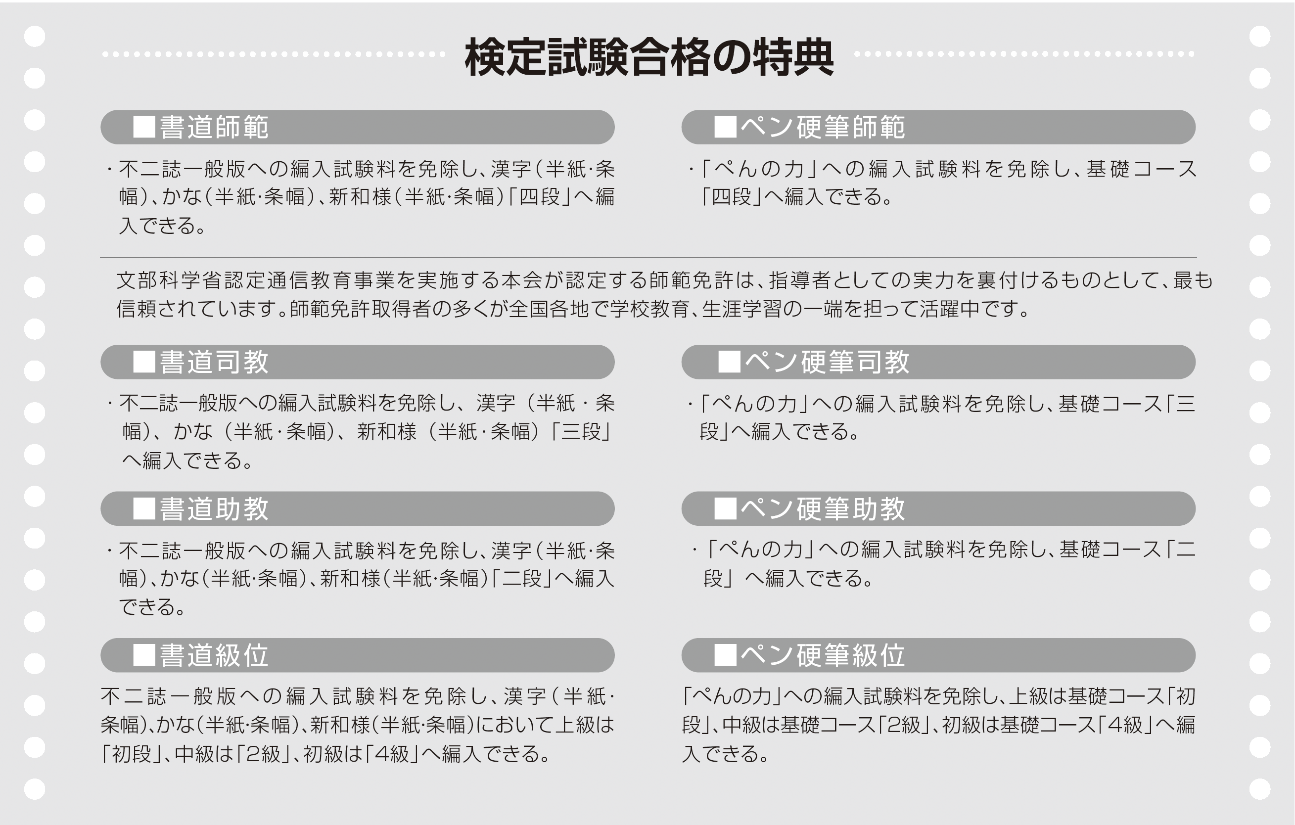 検定試験合格の特典